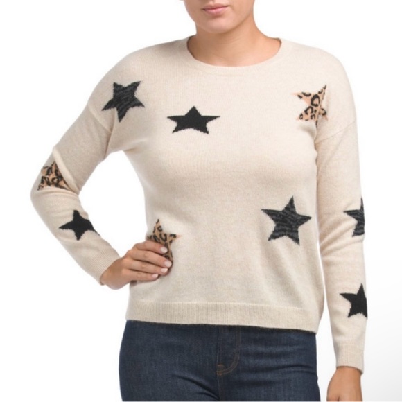 NWT 100% Magaschoni Cashmere sweater- cream with black and leopard stars - Picture 3 of 6
